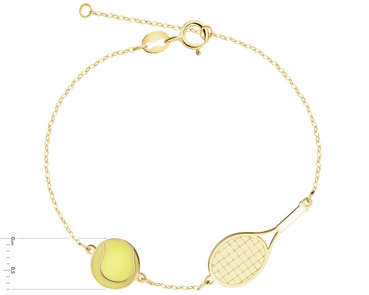 Złota bransoletka z emalią, ankier - piłka i rakieta tenisowa