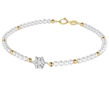 Bransoletka z brylantami, perłami i elementami żółtego i białego złota - 18 cm - próba 585