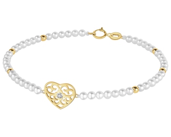 Bransoletka z diamentem, perłami i elementami żółtego złota - serce - 18 cm - próba 375