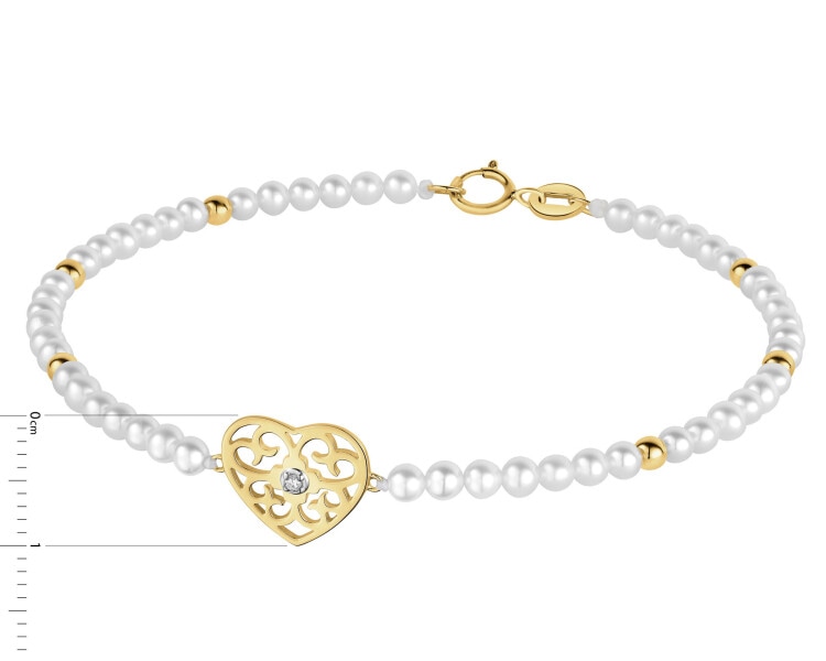 Bransoletka z diamentem, perłami i elementami żółtego złota - serce - 18 cm - próba 375