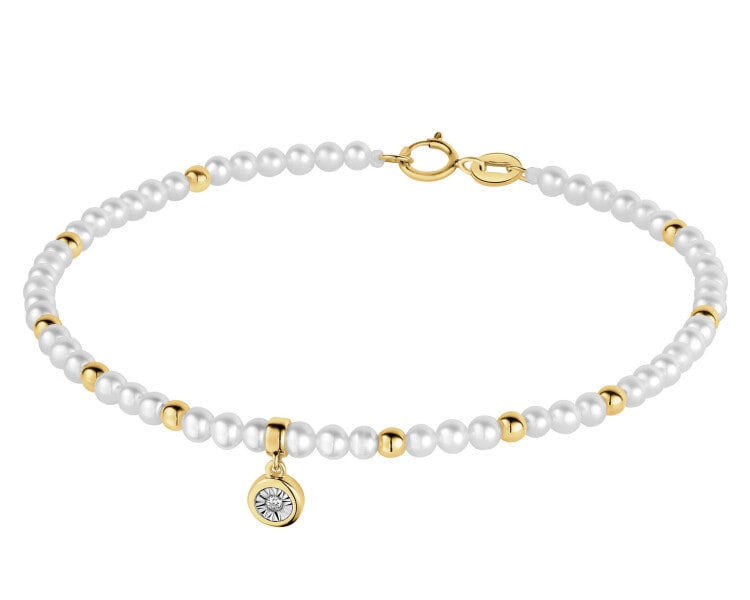 Bransoletka z brylantem, perłami i elementami żółtego i białego złota - 18 cm - próba 585