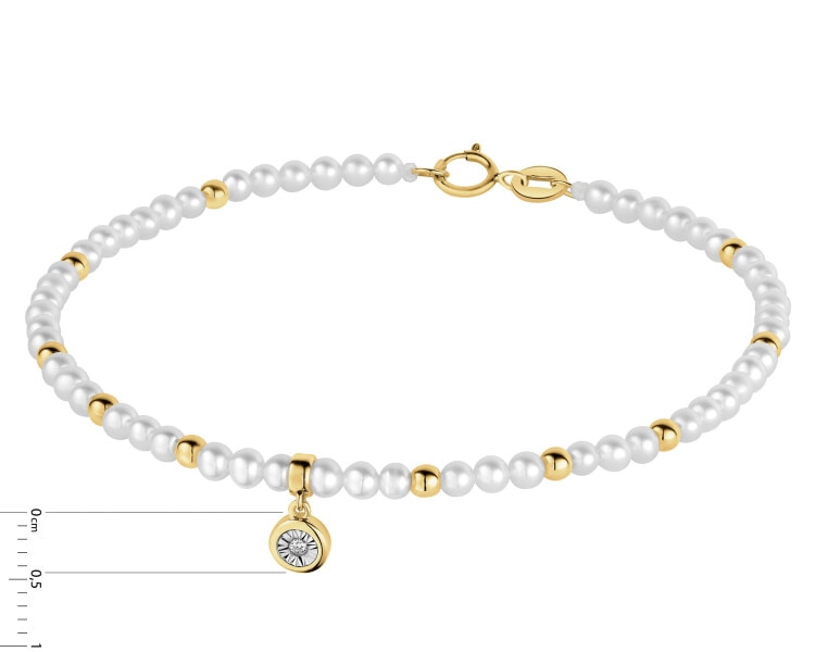 Bransoletka z brylantem, perłami i elementami żółtego i białego złota - 18 cm - próba 585