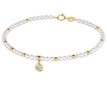 Bransoletka z brylantem, perłami i elementami żółtego i białego złota - 18 cm - próba 375