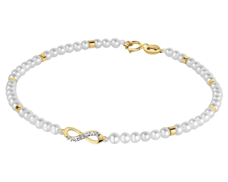 Bransoletka z diamentem, perłami i elementami żółtego złota - nieskończoność - 18 cm - próba 585