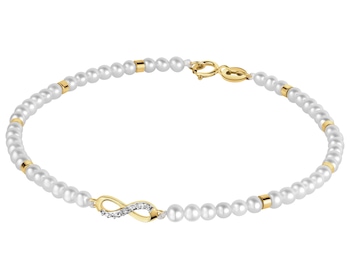 Bransoletka z diamentem, perłami i elementami żółtego złota - nieskończoność - próba 585