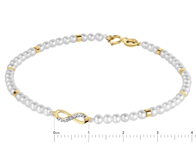Bransoletka z diamentem, perłami i elementami żółtego złota - nieskończoność - 18 cm - próba 585