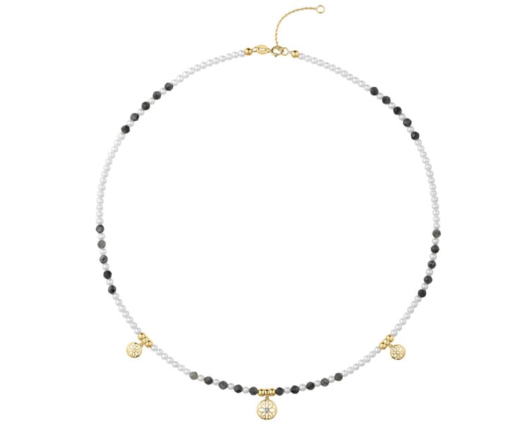 Náhrdelník s diamanty, perlami, labradority a prvky ze žlutého zlata - květiny - ryzost 585