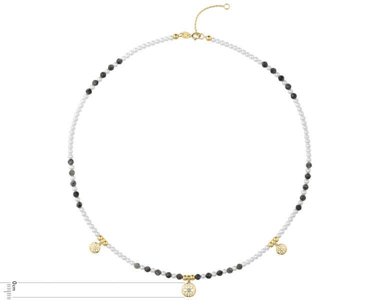 Náhrdelník s diamanty, perlami, labradority a prvky ze žlutého zlata - květiny - ryzost 585