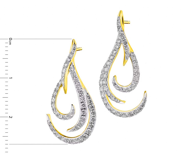 14 K Rhodium-Plated Yellow Gold Dangling Earring with Diamonds - 0,87 ct - fineness 14 K