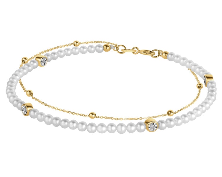 Bransoletka z diamentami, perłami i elementami żółtego złota - 18 cm - próba 375