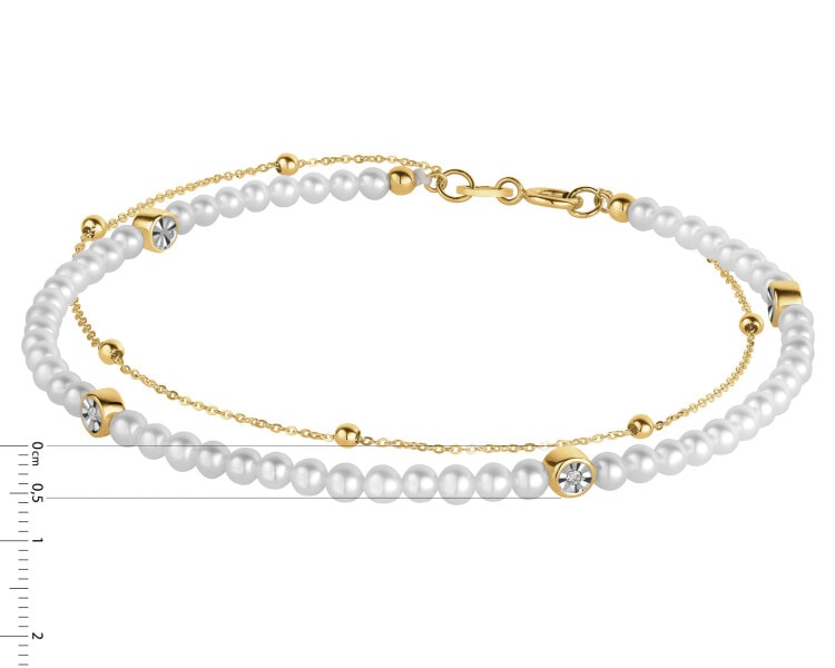 Bransoletka z diamentami, perłami i elementami żółtego złota - 18 cm - próba 375