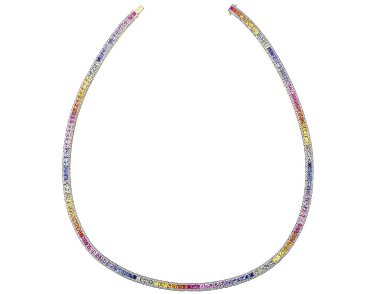 Zlatý náhrdelník s brilianty a barevnými safíry - ryzost 585