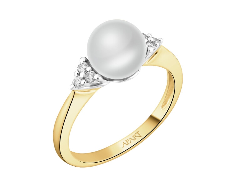 Yellow gold ring with brilliants and pearl - fineness 14 K