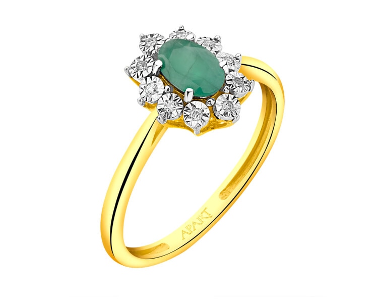 Prsten ze žlutého a bílého zlata s diamanty a smaragdem - ryzost 585