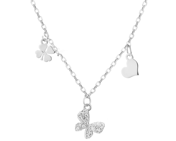Stříbrný náhrdelník se zirkony - motýl, srdce, čtyřlístek
