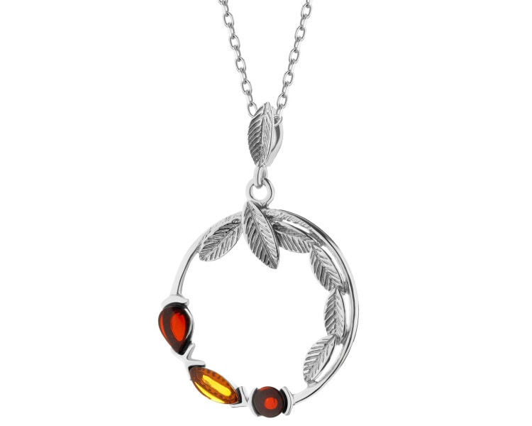 Rhodium Plated Silver Pendant with Amber