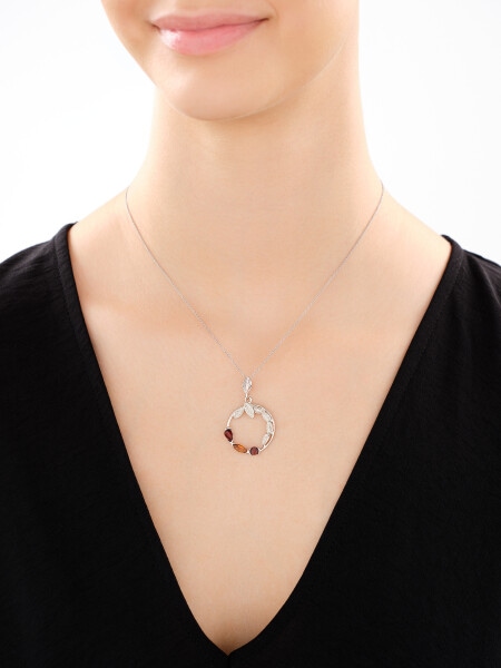 Rhodium Plated Silver Pendant with Amber