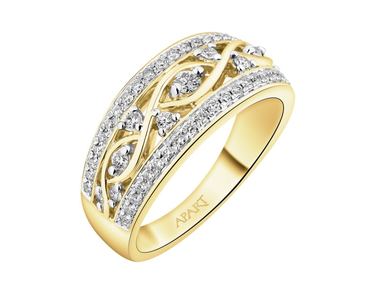 14 K Rhodium-Plated Yellow Gold Ring with Diamonds - 0,34 ct - fineness 14 K