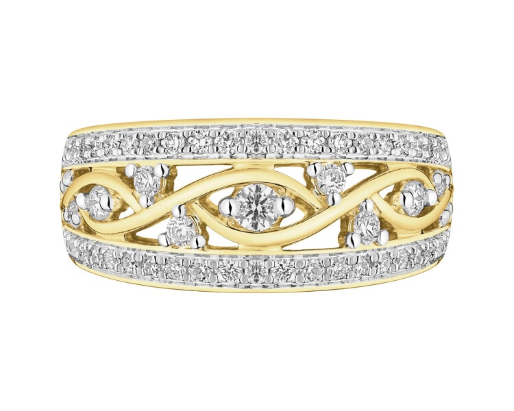 14 K Rhodium-Plated Yellow Gold Ring with Diamonds - 0,34 ct - fineness 14 K