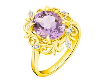 Zlatý prsten s diamanty a ametystem - ryzost 585