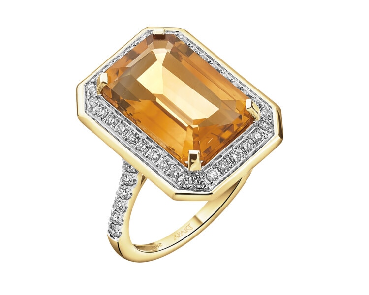 Zlatý prsten s brilianty a citrínem - ryzost 585