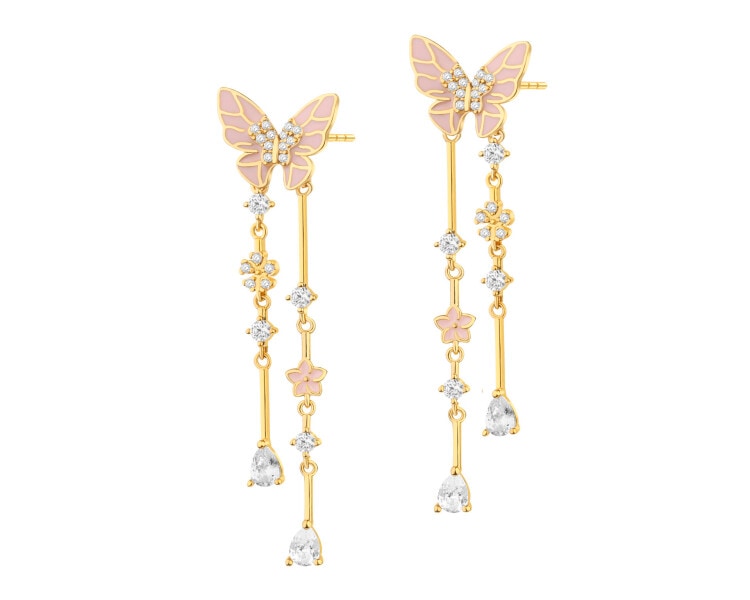 Gold-Plated Brass, Gold-Plated Silver Dangling Earring with Cubic Zirconia