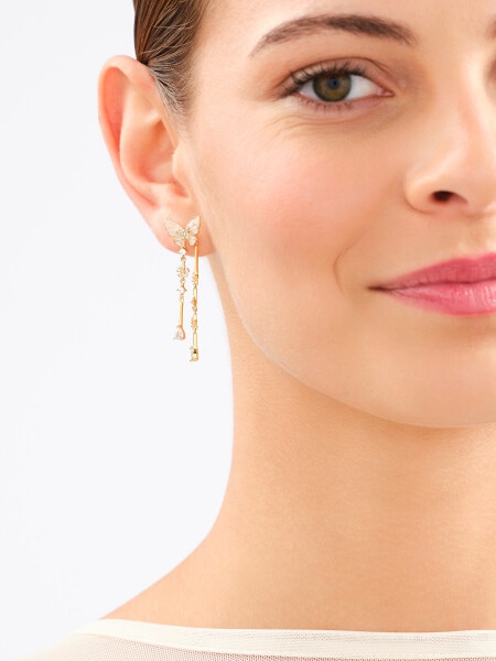 Gold-Plated Brass, Gold-Plated Silver Dangling Earring with Cubic Zirconia