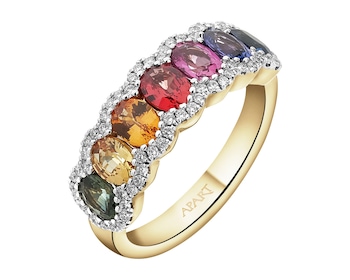 Zlatý prsten s brilianty a barevnými safíry - ryzost 585