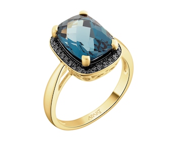 Zlatý prsten s brilianty a topazem London Blue - ryzost 585