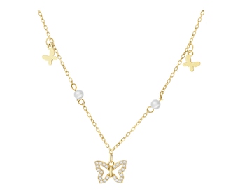 Pozlacený stříbrný náhrdelník s perlami a zirkony - motýli
