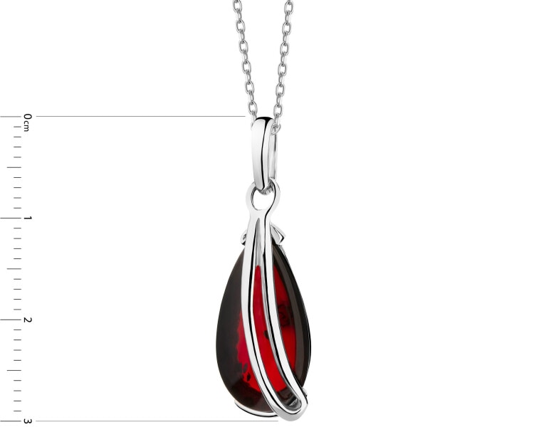 Rhodium Plated Silver Pendant with Amber