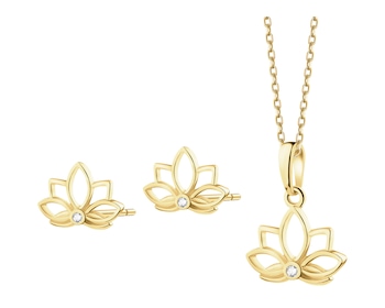 Złote kolczyki i zawieszka z cyrkoniami - komplet - kwiaty lotosu