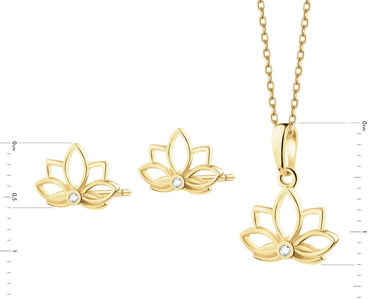 Złote kolczyki i zawieszka z cyrkoniami - komplet - kwiaty lotosu