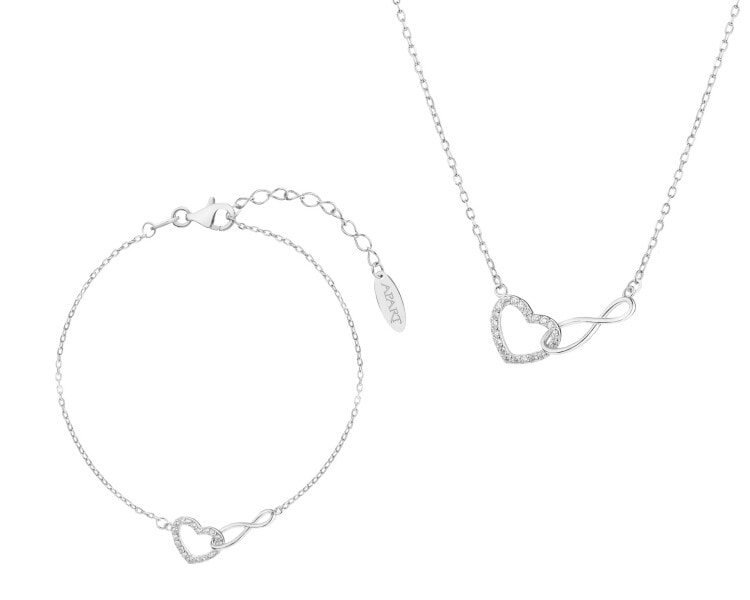 Srebrny naszyjnik i bransoletka z cyrkoniami - komplet - serca, nieskończoności