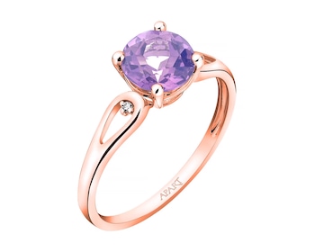 Prsten z růžového zlata s diamanty a ametystem - ryzost 585
