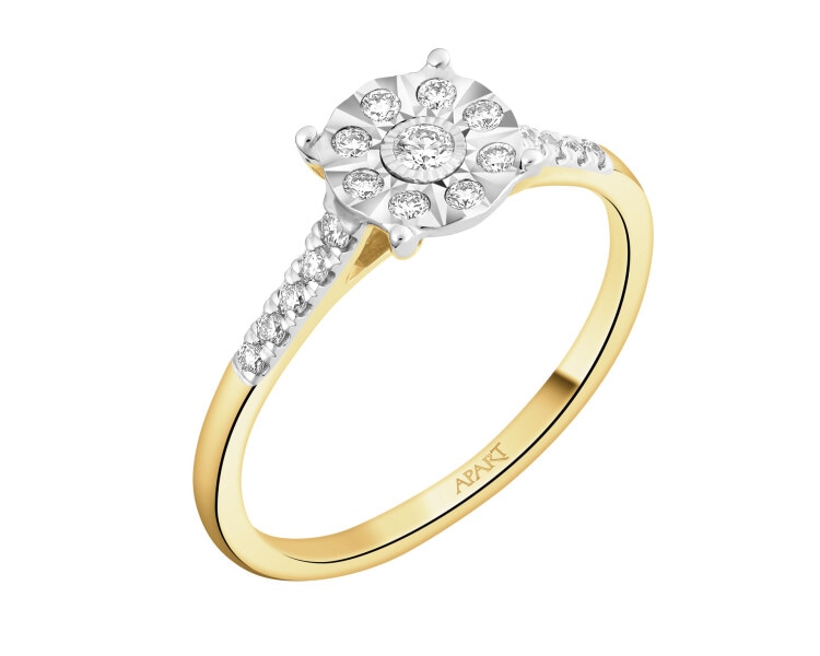 14 K Rhodium-Plated Yellow Gold Ring with Diamonds - 0,21 ct - fineness 14 K