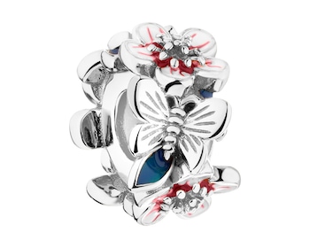 Zawieszka srebrna beads - stoper - z emalią - kwiaty, motyle
