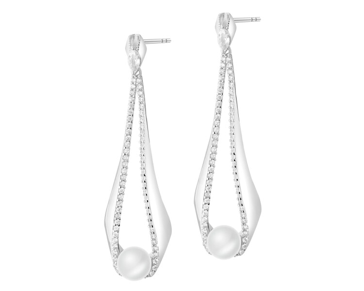 Rhodium Plated Silver Dangling Earring with Pearl