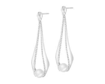 Rhodium Plated Silver Dangling Earring with Pearl