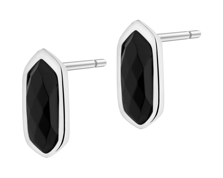 Rhodium-Plated Brass, Rhodium-Plated Silver Earrings with Agate