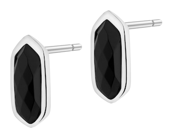 Rhodium-Plated Brass, Rhodium-Plated Silver Earrings with Agate