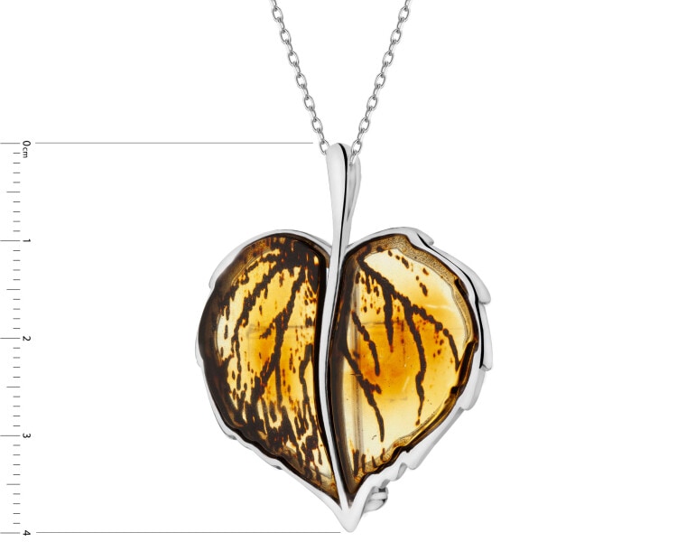 Rhodium Plated Silver Brooch with Amber