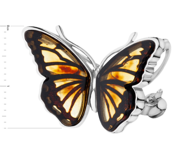 Rhodium Plated Silver Brooch with Amber