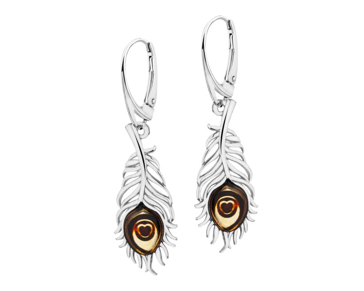 Rhodium Plated Silver Dangling Earring with Amber