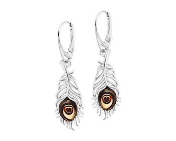 Rhodium Plated Silver Dangling Earring with Amber