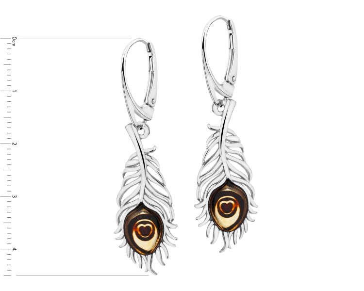 Rhodium Plated Silver Dangling Earring with Amber