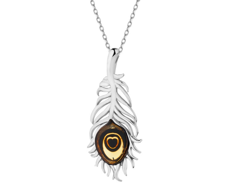 Rhodium Plated Silver Pendant with Amber