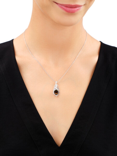 Rhodium Plated Silver Pendant with Amber