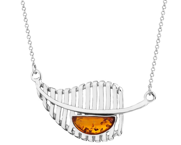 Rhodium Plated Silver Necklace with Amber