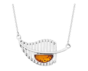 Rhodium Plated Silver Necklace with Amber